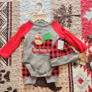 NWT Red & Black Checkered Christmas Themed Baby Outfit Set Size 3m